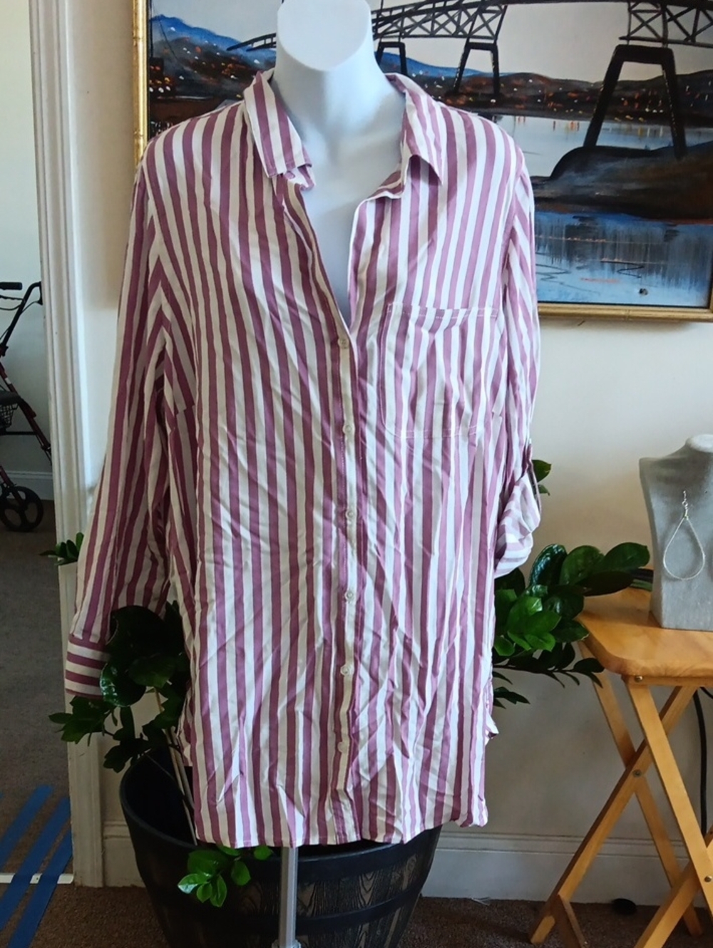 Velvet Heart Striped Button-Up Tunic Shirt in White and Mauve XL